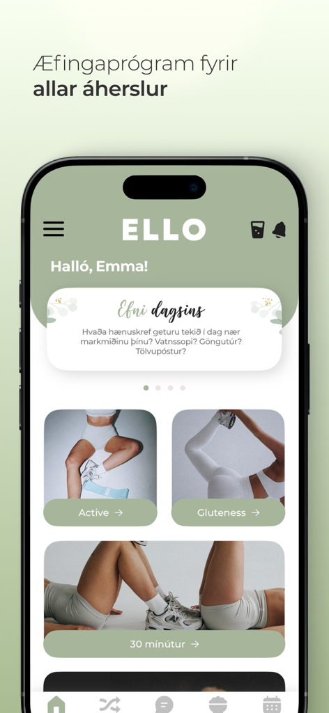ELLO: Community and Wellness - Interface of the ELLO wellness app for women showing workout programs and daily motivation.
