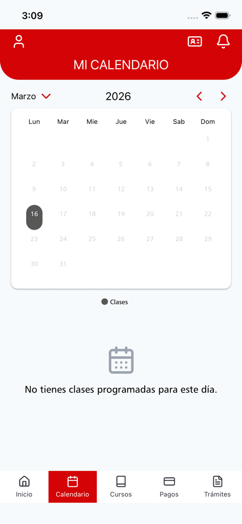 Aplicación Móvil USAT - Monthly academic calendar view in the USAT mobile application showing no scheduled classes.