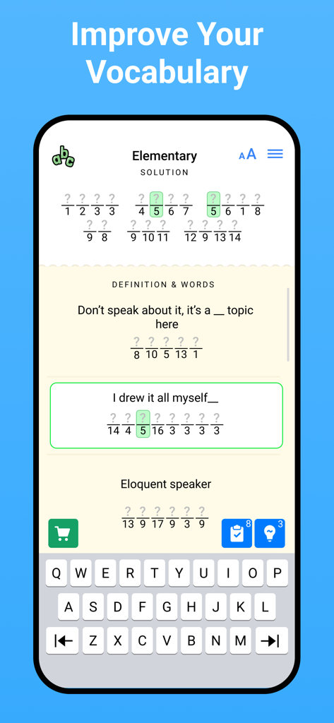 Figgerits - Word Puzzle Games - Uma tela de jogo móvel do quebra-cabeça de palavras do Figgerits mostrando dicas baseadas em lógica e uma grade de criptograma para melhorar o vocabulário