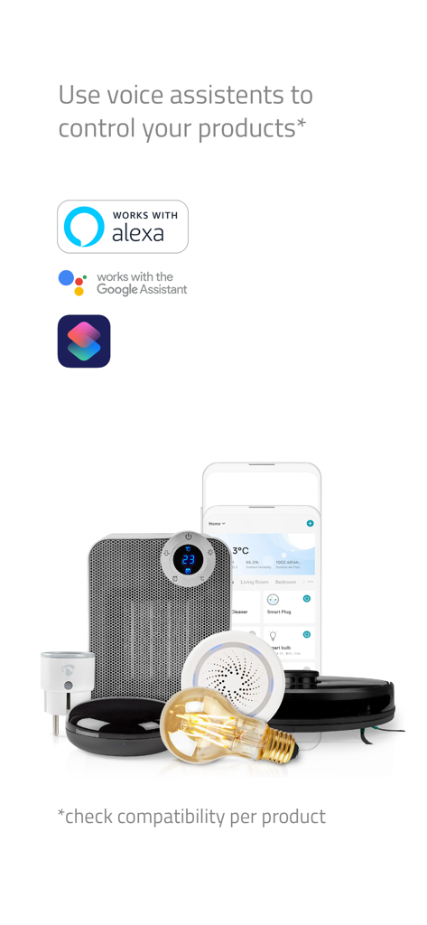 Tela de marketing para Nedis SmartLife mostrando compatibilidade com Alexa, Google Assistant e Siri para controlar vários produtos domésticos inteligentes.