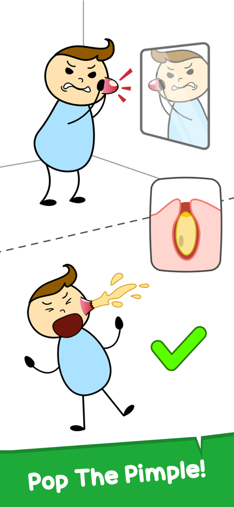 A cartoon character pops a pimple in Help Me Tricky Puzzle Story game