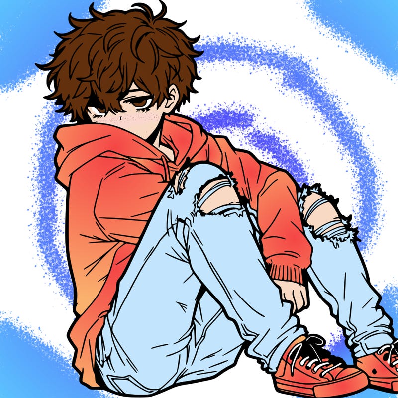 a male hoddie ripped jeans messy hair anime