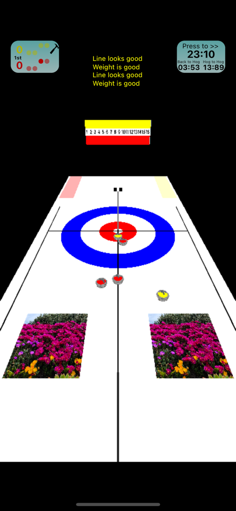 CurlingSimulator - 3D curling simulator gameplay showing stones on ice approaching the house target with strategic feedback text