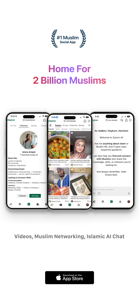 Zaytun AI - Preview of Zaytun AI app showing social networking profiles, a halal video feed, and an Islamic AI chat interface.