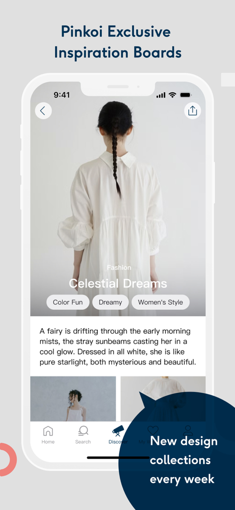 Pinkoi - Interface do aplicativo Pinkoi mostrando o quadro de inspiração de moda "celestial dreams" com roupas de estilo feminino.