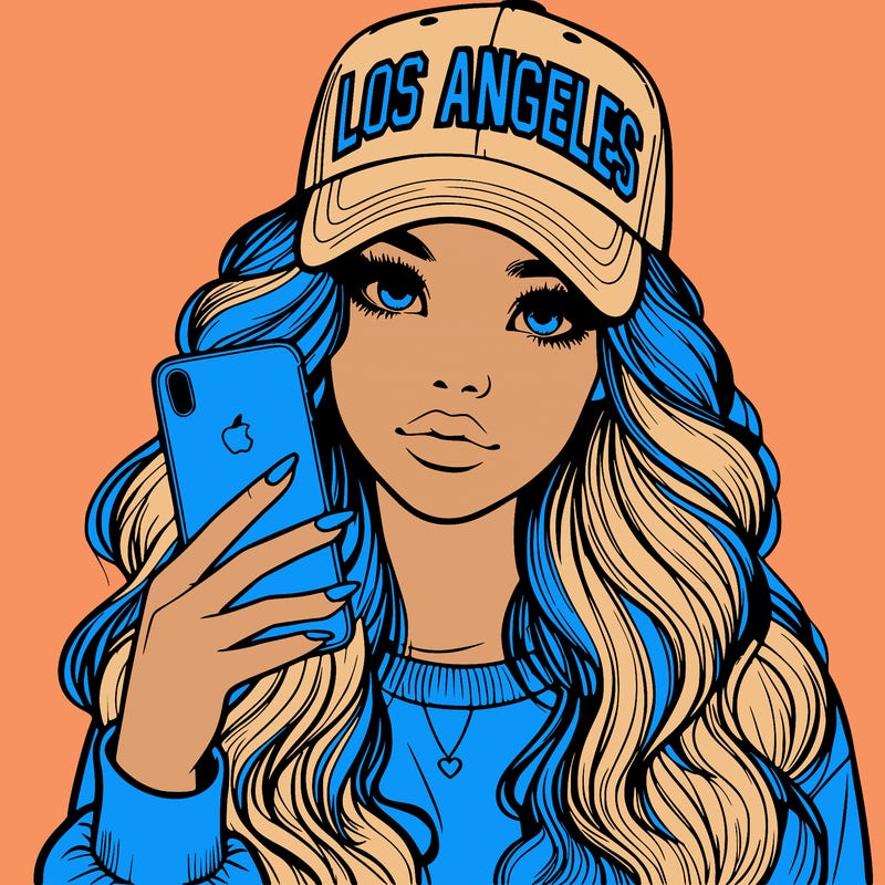 realistic beautiful girl wearing los ángeles cap holding an iphone