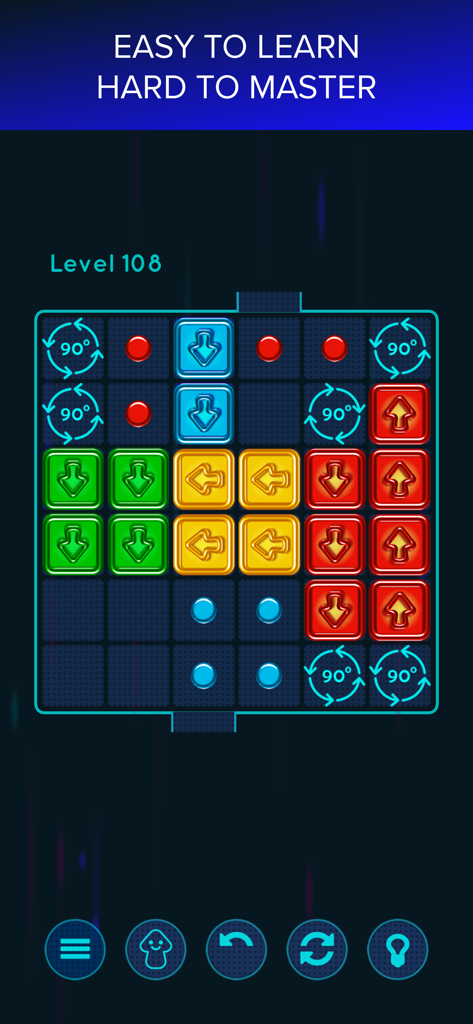 Gameplay screenshot of ARROW Premium Level 108 featuring colorful arrow blocks and rotation mechanics on a minimalist grid