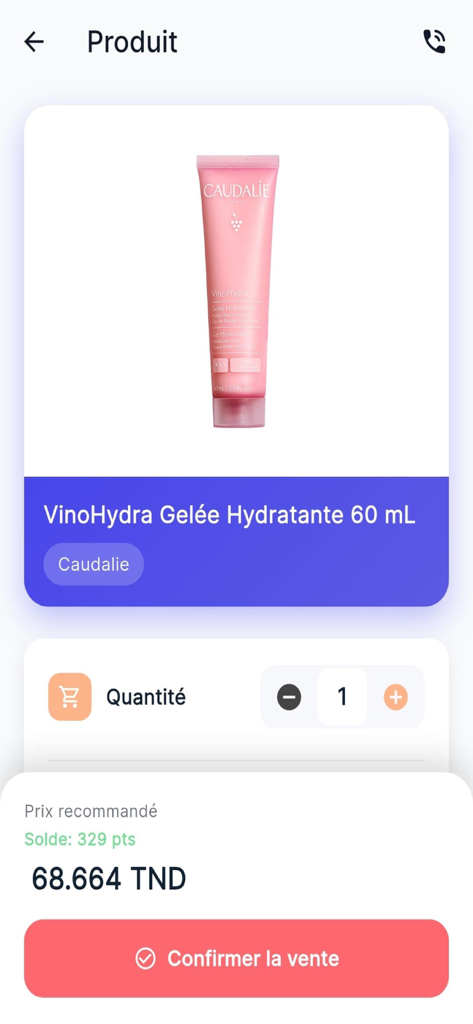 Novopharma MyChallenge - Mobile app screen for logging a product sale showing a Caudalie moisturizer and a button to earn loyalty points