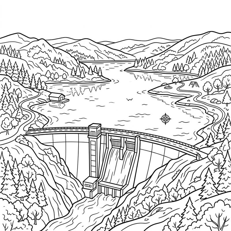 Immerse yourself in this intricate coloring page featuring a grand artificial lake and its powerful dam. Surrounded by majestic mountains and lush forests, this scene invites you to bring an engineered wonder to life with your favorite colors.