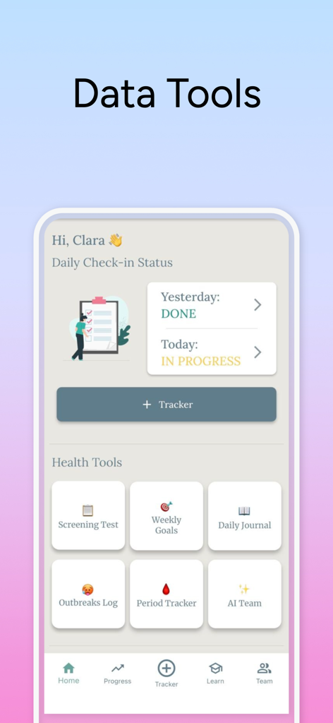 Fibromyalgia Journey app interface showing the data tools dashboard with daily check in status and health trackers.