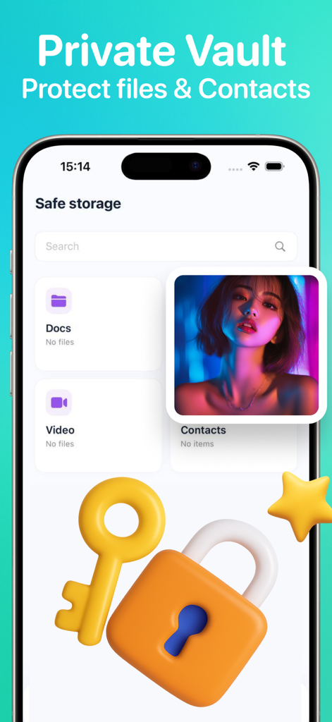 SnapCleaner – Photo & Storage - Interfaz de la aplicación SnapCleaner que muestra la función de Bóveda Privada para asegurar fotos y contactos