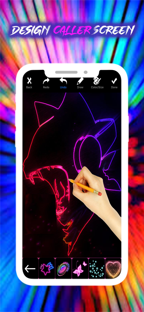 A person drawing a custom neon design for an incoming call screen using the apps built-in editor