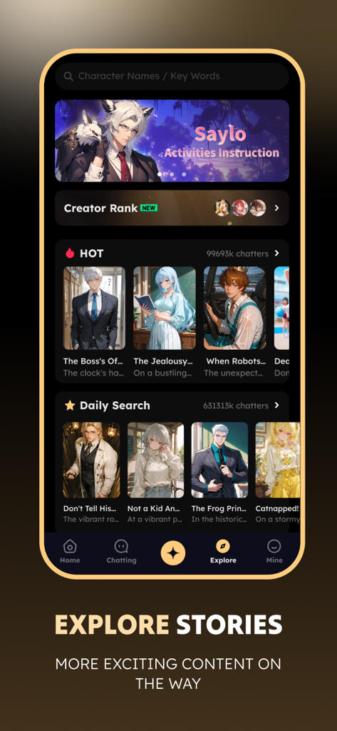 Saylo: AI Character Story Chat - Mobile app interface showing a gallery of AI characters with different story titles and roleplay options under the explore tab