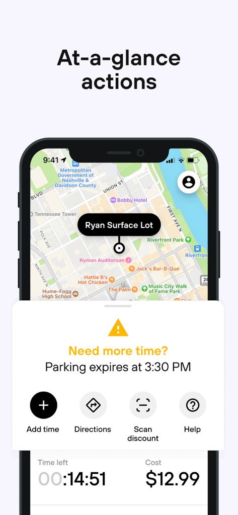 Metropolis: Remarkable Parking - Metropolis app screen showing parking session details and time extension options