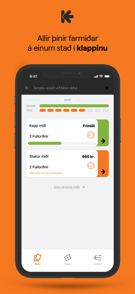 Klappid app screen displaying available bus tickets and digital travel passes.