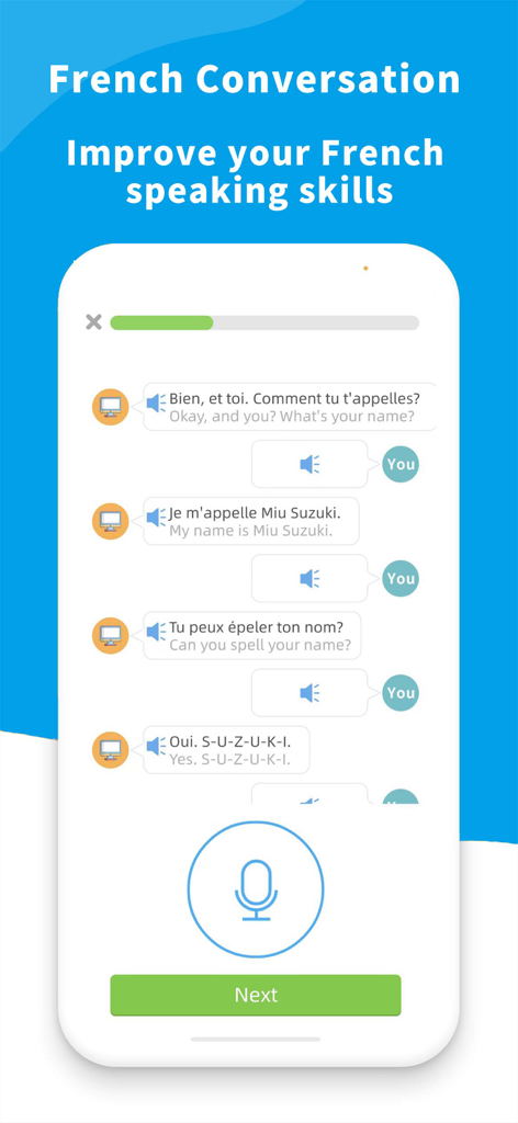 Learn French- For Beginners - Interfaz de aplicación móvil que muestra una sesión de práctica de conversación en francés con globos de diálogo y un botón de grabación de micrófono
