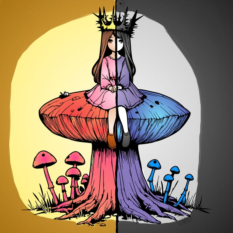 realistic girl sitting on a huge tree stump size toadstool with thorn crown