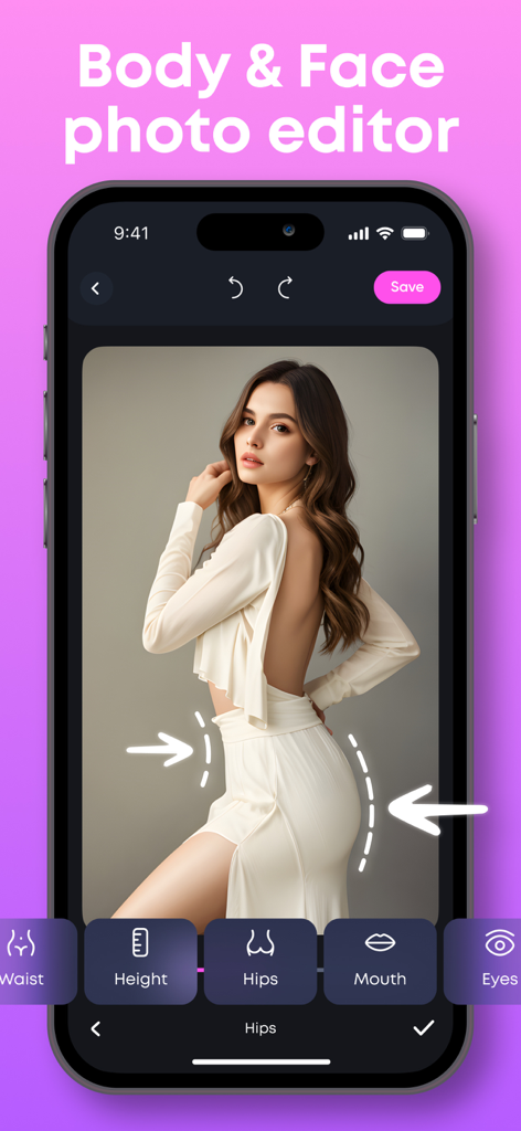 Face & Body Editor, Photo App - Interface of a body editor app showing hip reshaping on a photo.
