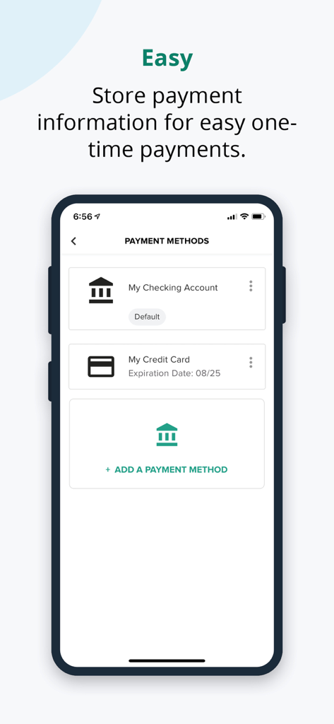 Southwest Gas app screen showing stored payment methods including checking account and credit card options