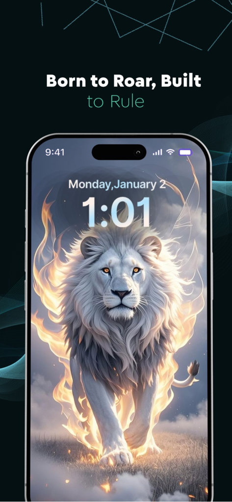 Pantalla de bloqueo de iPhone mostrando un majestuoso fondo de pantalla animado 4K de un león blanco con efectos de fuego y el texto 'Born to Roar Built to Rule' (Nacido para rugir, construido para gobernar).