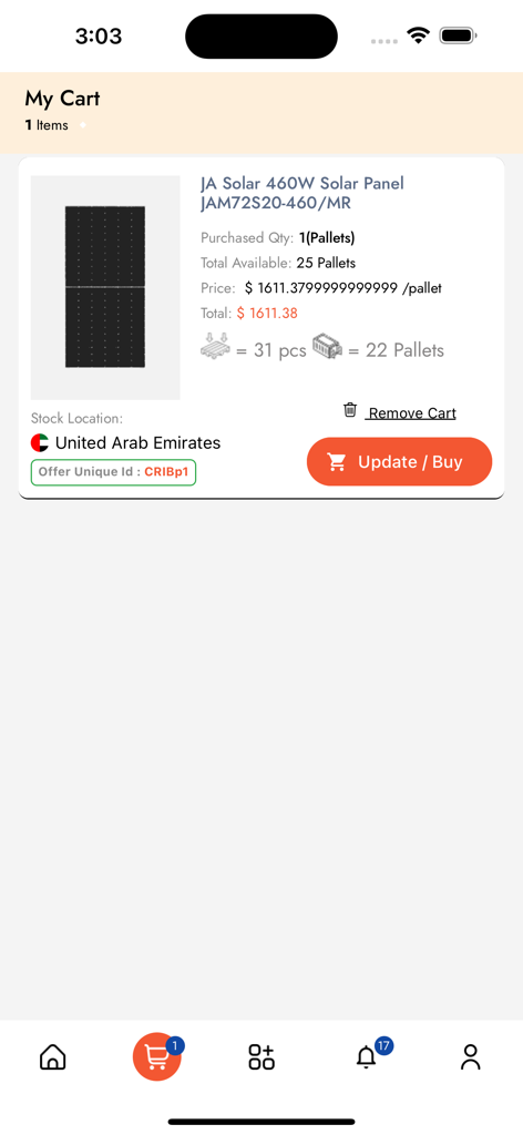 Shopping cart screen in the pvmarket app showing a bulk solar panel order by the pallet