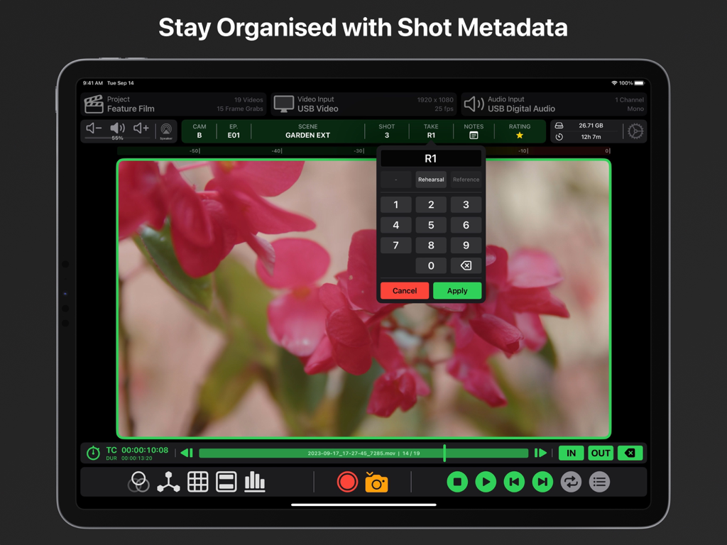 Interfaz de la aplicación Video Assist en iPad mostrando la organización de metadatos de tomas y la entrada de tomas para producción de video profesional.