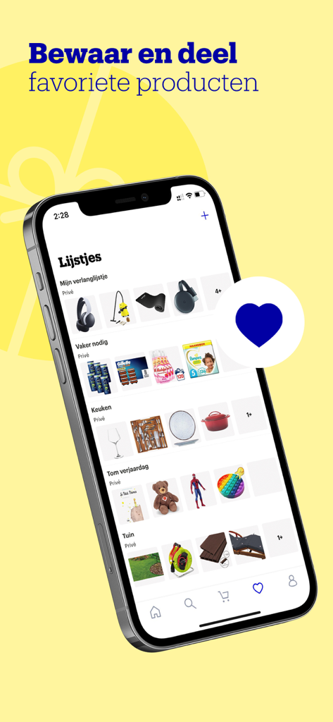 Smartphone screen showing organized shopping wishlists with product categories like kitchen and garden in the bol app