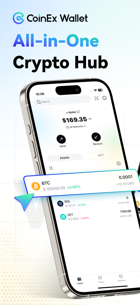 CoinEx Wallet - Crypto & DeFi - Smartphone mostrando la interfaz de la aplicación CoinEx Wallet con saldos de criptomonedas y funciones de gestión de activos.