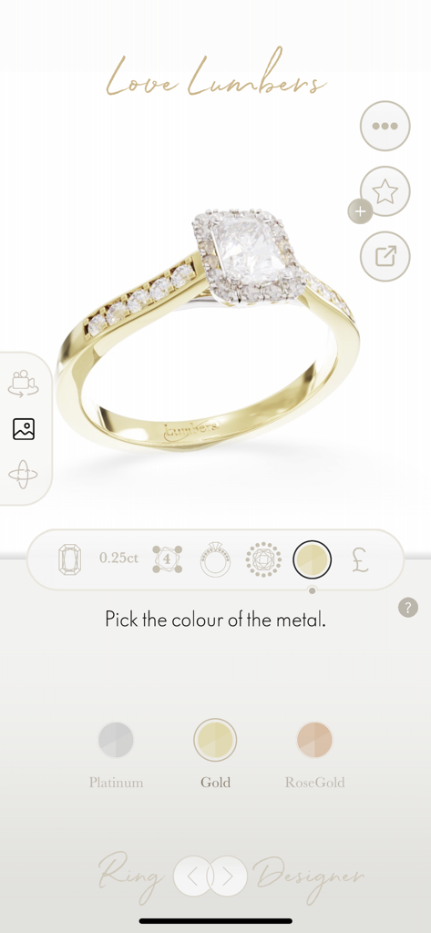 Engagement Ring Designer - Interface for selecting gold platinum or rose gold metal colors for a custom engagement ring