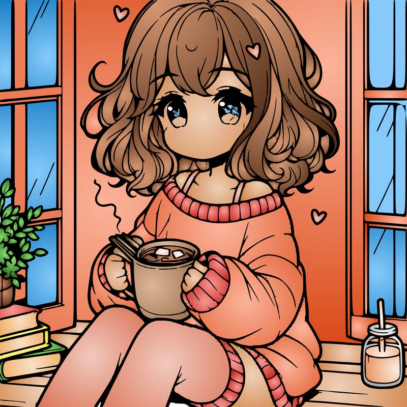 cute anime girl reading book and drinking hot chocolate from mug with loose wavy hair wearing a baggy sweatshirt and shorts sitting by windowsill looking out