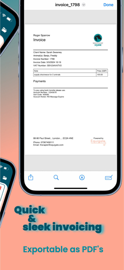 Equigate - A mobile phone screen showing a professional invoice for equine therapy on the Equigate app highlighting the PDF export feature