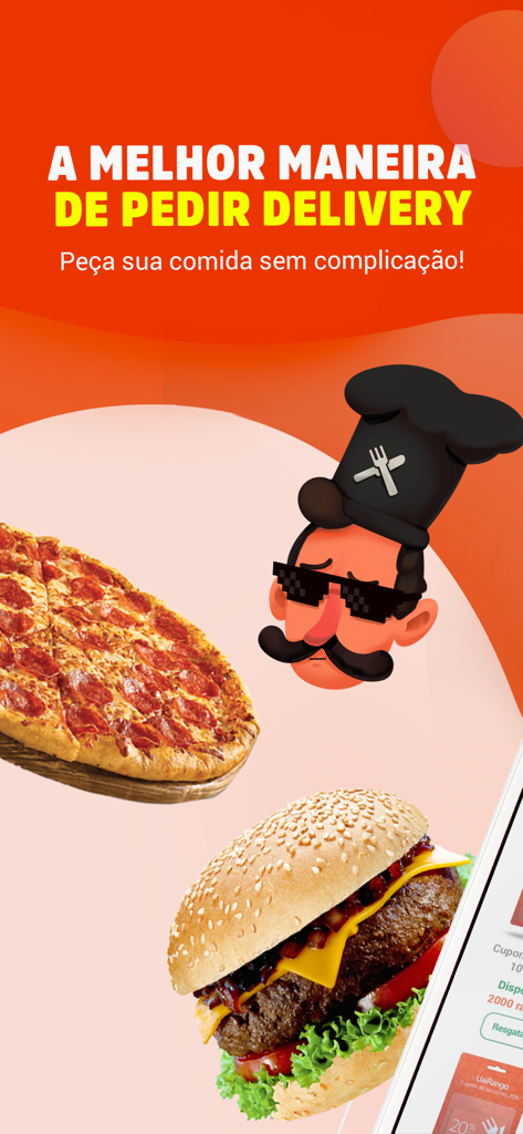 UaiRango - UaiRango food delivery app interface showing a pizza and hamburger with Portuguese text and mascot