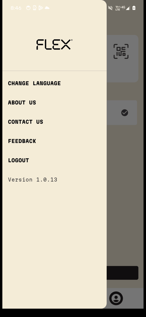 Flex Fitness - Side navigation menu of the Flex Fitness app displaying settings and company information