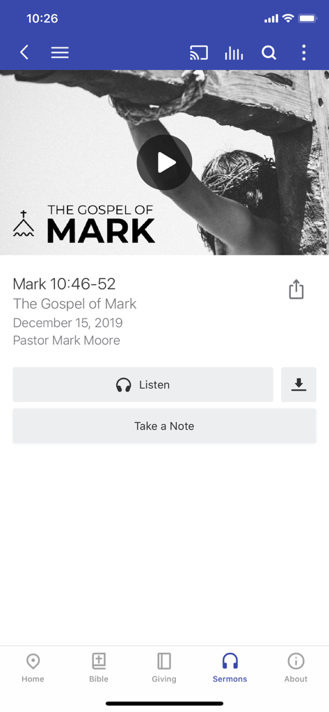 River Valley Church Mishawaka - River Valley Church Mishawaka app sermon interface featuring a message on the Gospel of Mark.