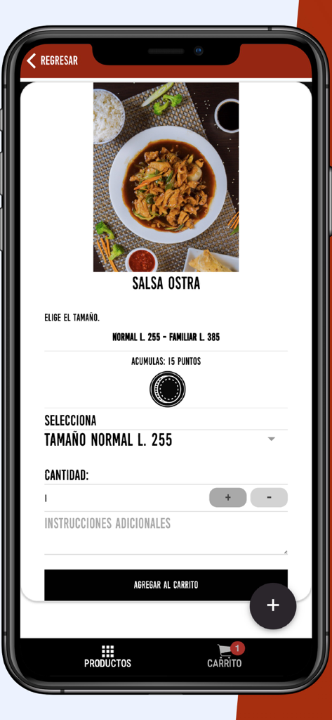 Mirawa mobile app interface showing a product detail page for Salsa Ostra with options for size selection and quantity