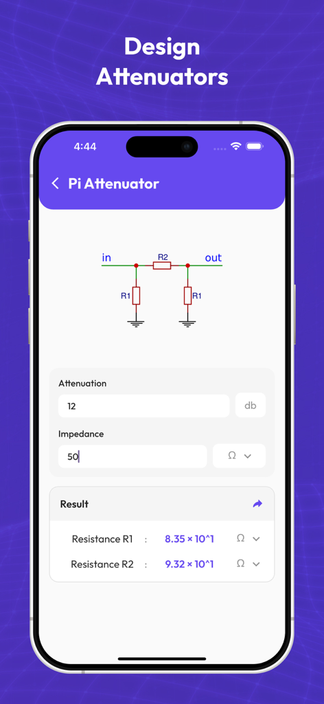 Amateur Radio Toolkit 2025 - Pi Attenuator calculation screen for Amateur Radio Toolkit 2025 showing circuit diagram and resistance results