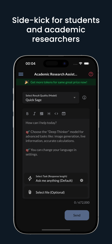 Interface of the ProMind AI academic research assistant showing text input and model selection on a mobile device.
