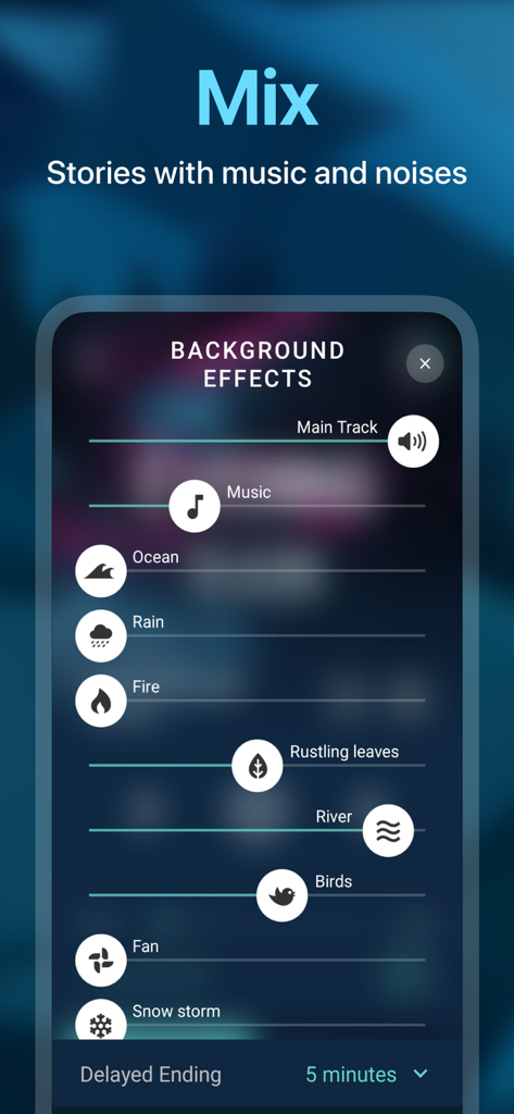 Slumber－Calm Stories for Sleep - Ein Bildschirm der mobilen App mit dem Titel „Mix“, der Lautstärkeregler für verschiedene Hintergrund-Soundeffekte wie Ozean, Regen, Feuer und raschelndes Laub zeigt
