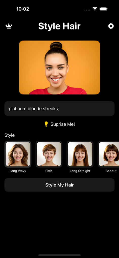 Hairstyle Changer: AI Makeover - Interfaz de la aplicación de cambio de peinados con IA mostrando opciones de estilo de cabello y un indicador de texto para colores de cabello personalizados