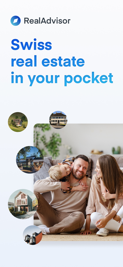 RealAdvisor - A family sitting in a living room on the RealAdvisor app home screen featuring various Swiss property listings and the slogan Swiss real estate in your pocket.