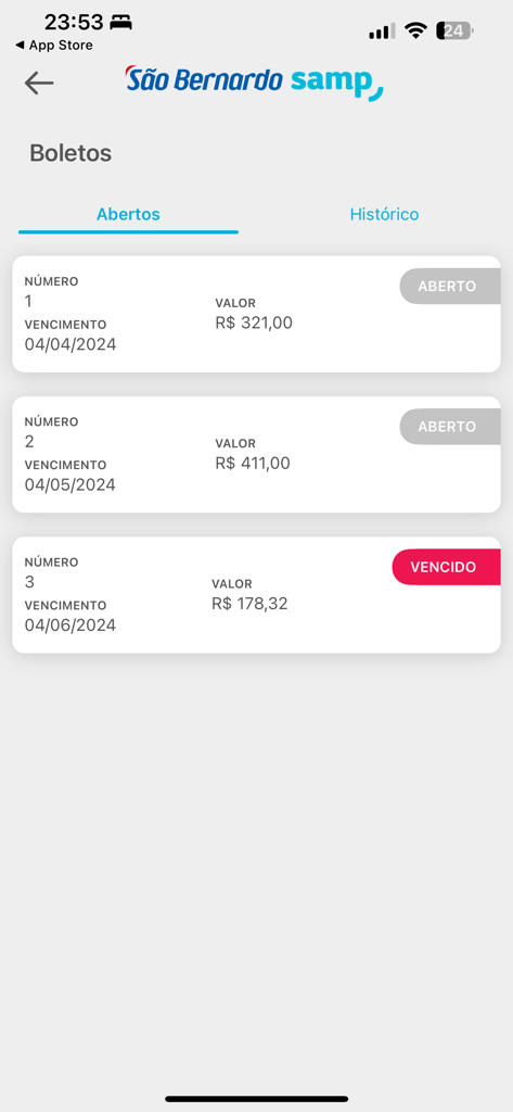 São Bernardo Samp - The billing status screen in the Sao Bernardo Samp app displaying current and overdue payments.