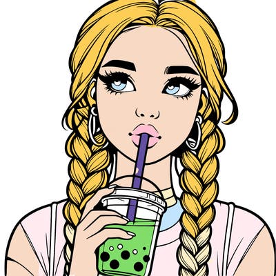 realistic girl with braided hair drinking boba