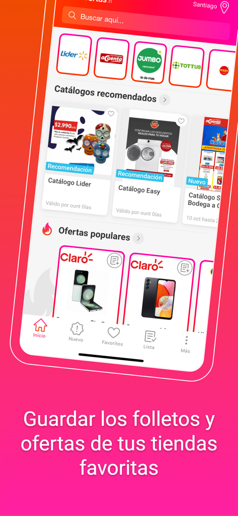 Catálogos y ofertas de Chile - Interfaz de la aplicación móvil de Catálogos y ofertas de Chile mostrando catálogos de compras recomendados y ofertas populares de los principales minoristas chilenos.