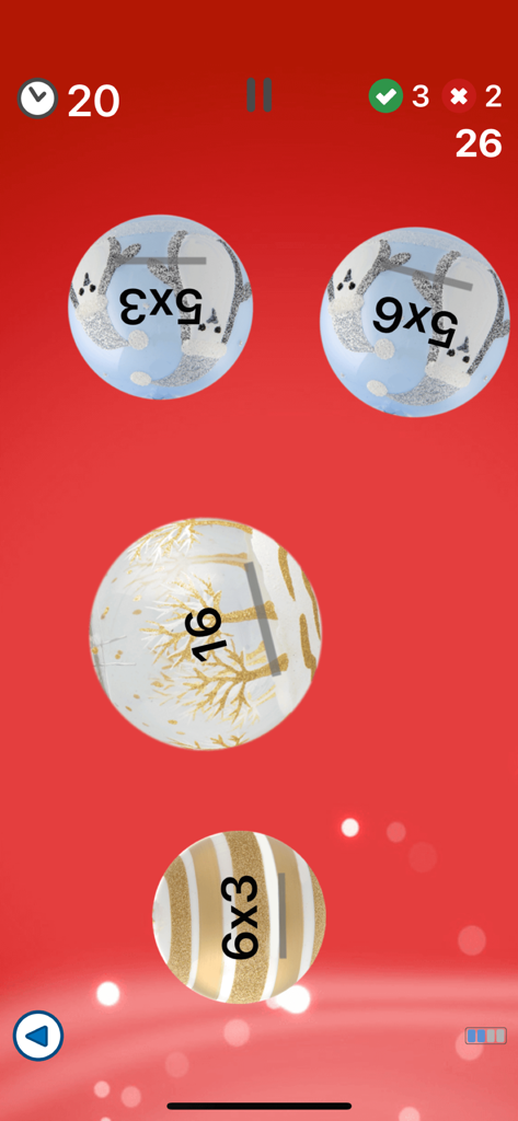 Math games for kids. - AB Math game screen showing multiplication problems inside floating bubbles