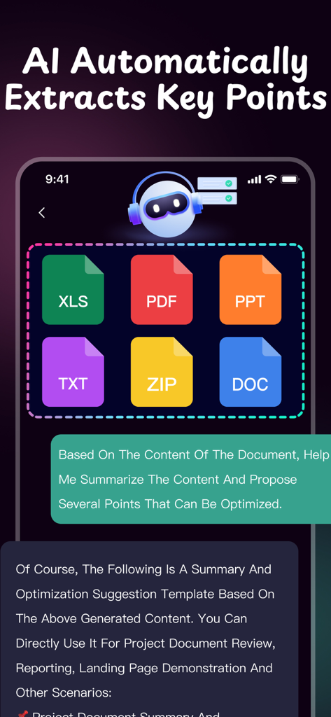 Chatbot AI Assistant, Image AI - Interfaz de la aplicación ChatOm AI que muestra funciones de resumen de documentos y extracción de puntos clave de archivos PDF, XLS y DOC.
