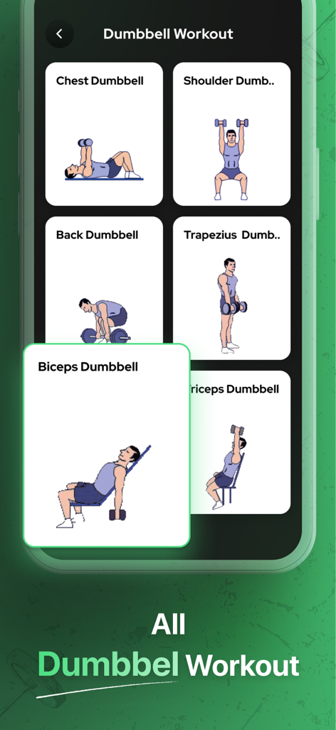 30 Day Workout - Home Fitness - Interface showing various dumbbell workout categories with 2D animations of exercises like chest, shoulder, and biceps