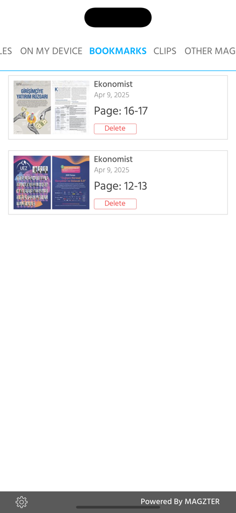 Ekonomist - The bookmarks section of the Ekonomist app showing saved magazine pages for future reading