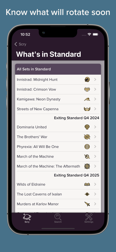 Scry MTG app mostrando la lista de rotación de conjuntos de cartas 'What is in Standard'.