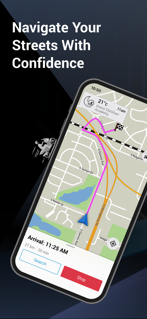 Smartphone-Bildschirm mit der Garmin StreetCross Motorradnavigations-App mit Routenkarte, Ankunftszeit und Wetterinformationen.