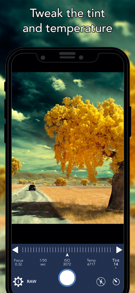 RAW Shoot - RAW Shoot app interface showing manual tint and temperature settings for professional mobile photography